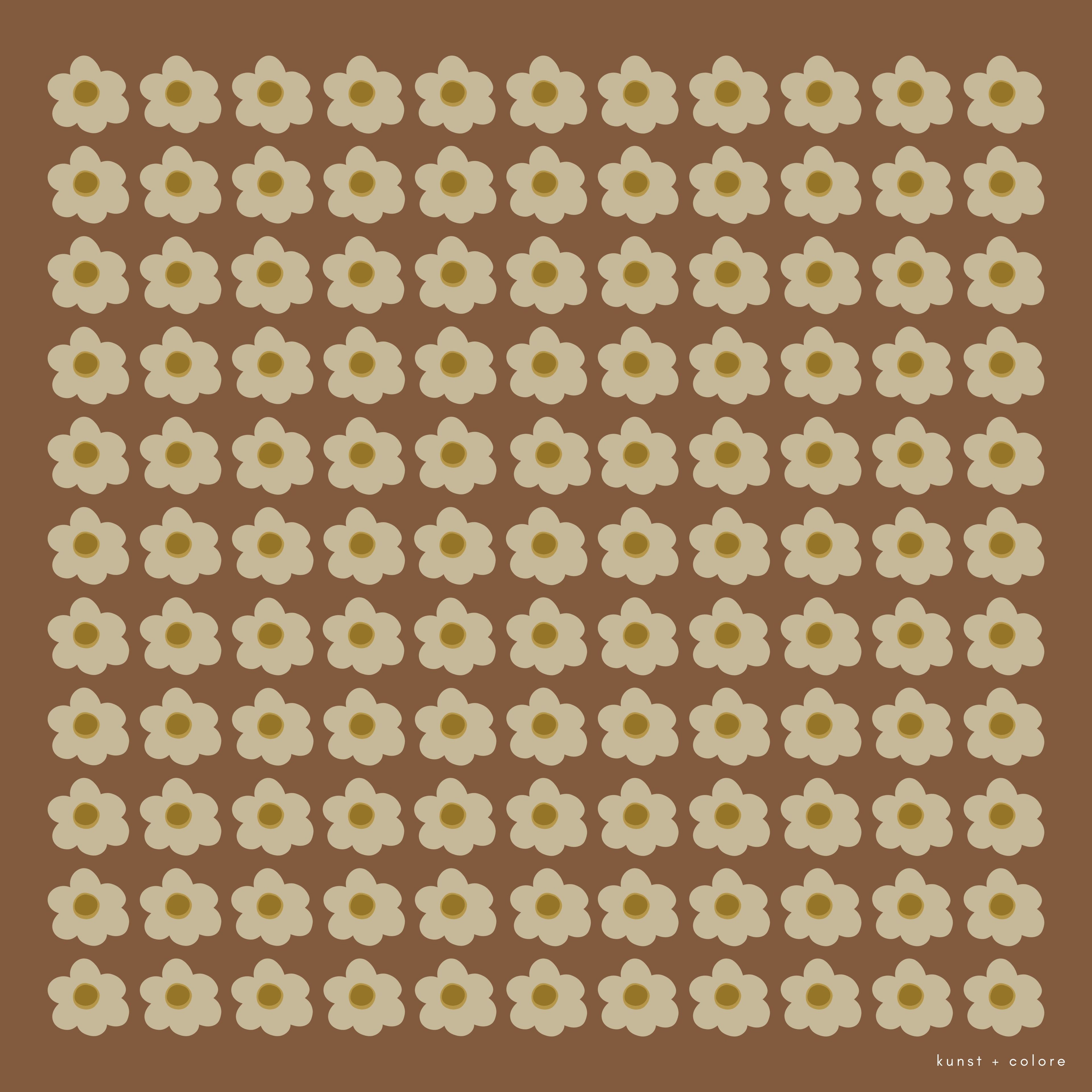 Full view of the 'Daisy Brown' scarf by Kunst & Colore. The print features small cream-coloured daisies arranged in a uniform square, on a brown background.