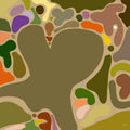 Eat Your Greens Silk Scarf by Kunst & Colore, featuring organic forms coloured in natural tones and bright pops of colour on an oaty beige background.  Full image of the design.