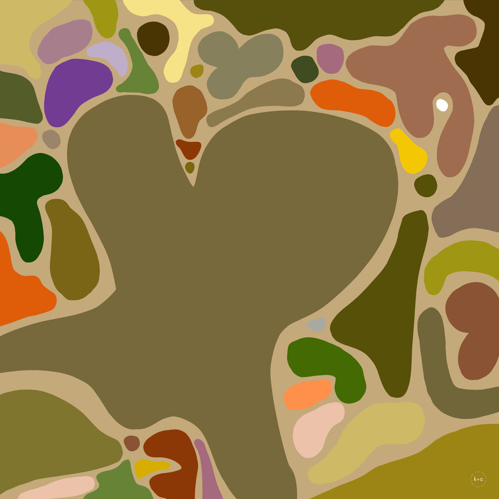 Eat Your Greens Silk Scarf by Kunst & Colore, featuring organic forms coloured in natural tones and bright pops of colour on an oaty beige background.  Full image of the design. 