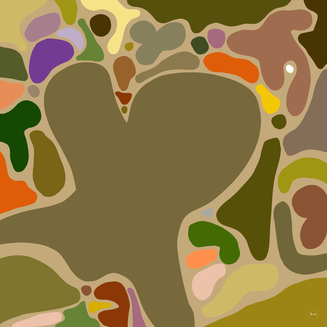Eat Your Greens Silk Scarf by Kunst & Colore, featuring organic forms coloured in natural tones and bright pops of colour on an oaty beige background.  Full image of the design. 